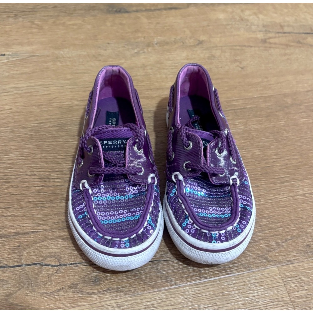 Girls Sperry Top Siders Bahama Purple Plum Sequin Boat Shoe Size 9.5 Sparkle‎